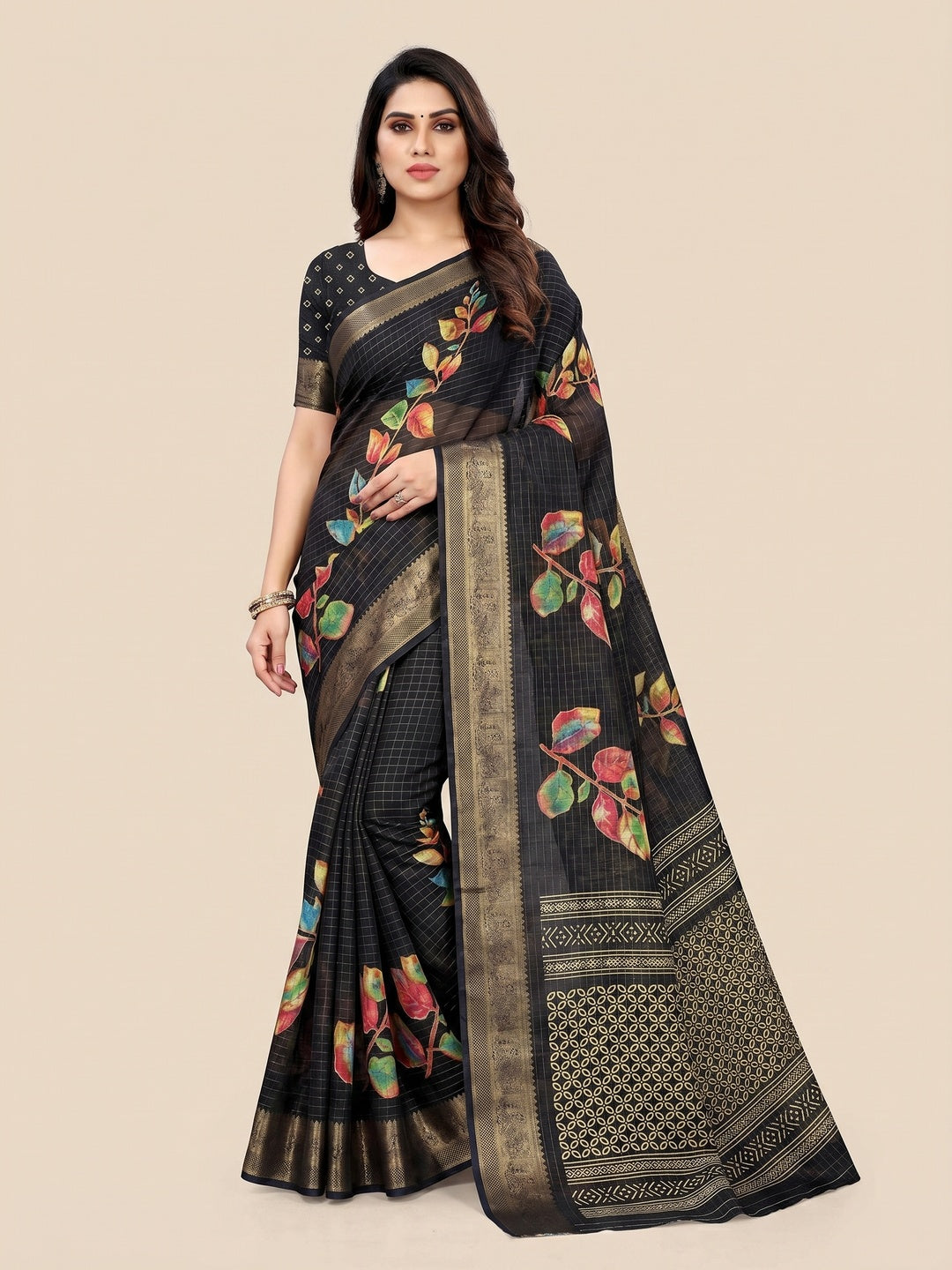 Black Floral Printed With Woven Dola Silk Saree - Image 1