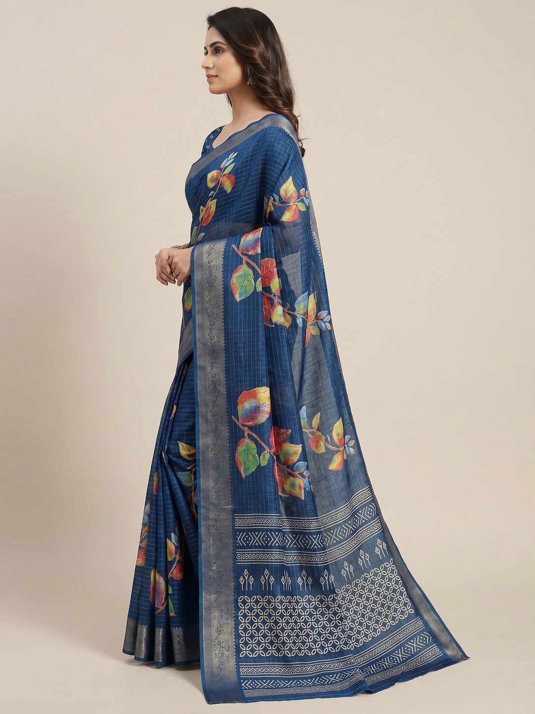 Blue Floral Printed With Woven Dola Silk Saree - Image 2