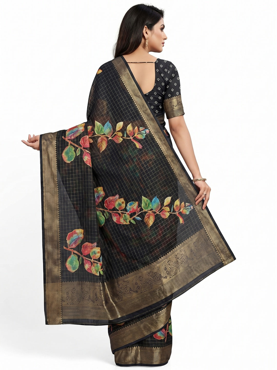 Black Floral Printed With Woven Dola Silk Saree - Image 3