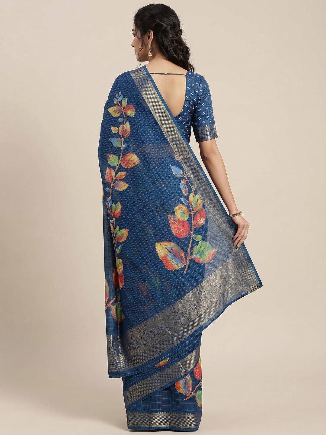 Blue Floral Printed With Woven Dola Silk Saree - Image 3
