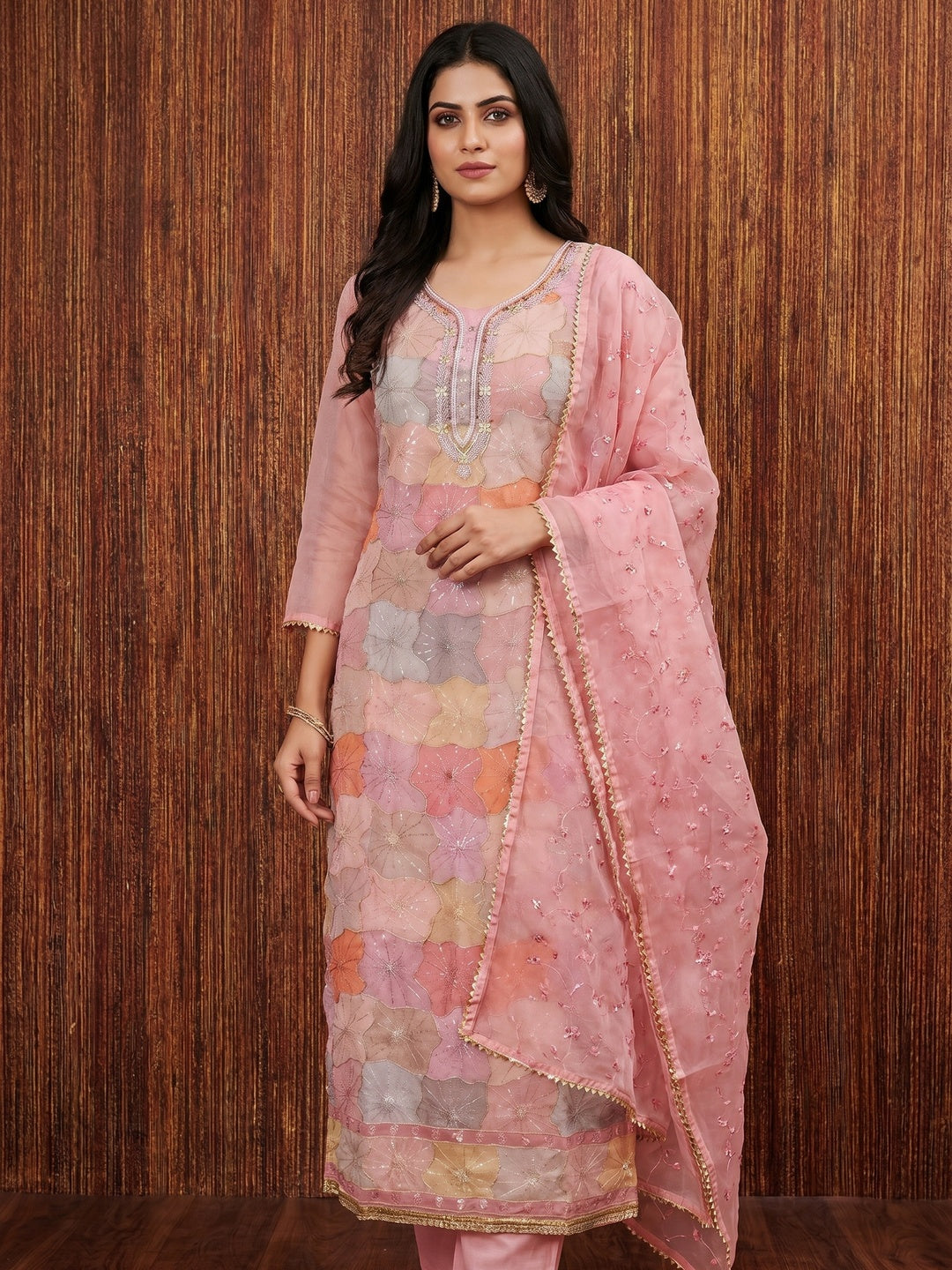 Pink Sequin Embroidery With Handwork Organza Dress Material - Image 1