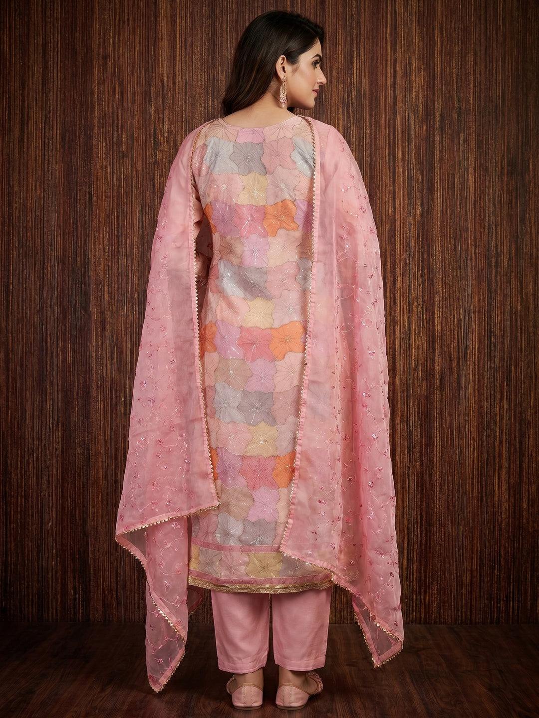 Pink Sequin Embroidery With Handwork Organza Dress Material - Image 3
