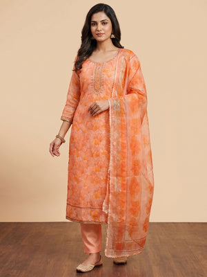 Orange Floral Print With Sequins Embroidered Organza Dress Material - Image 1