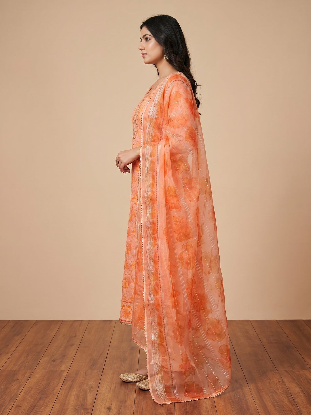 Orange Floral Print With Sequins Embroidered Organza Dress Material - Image 2