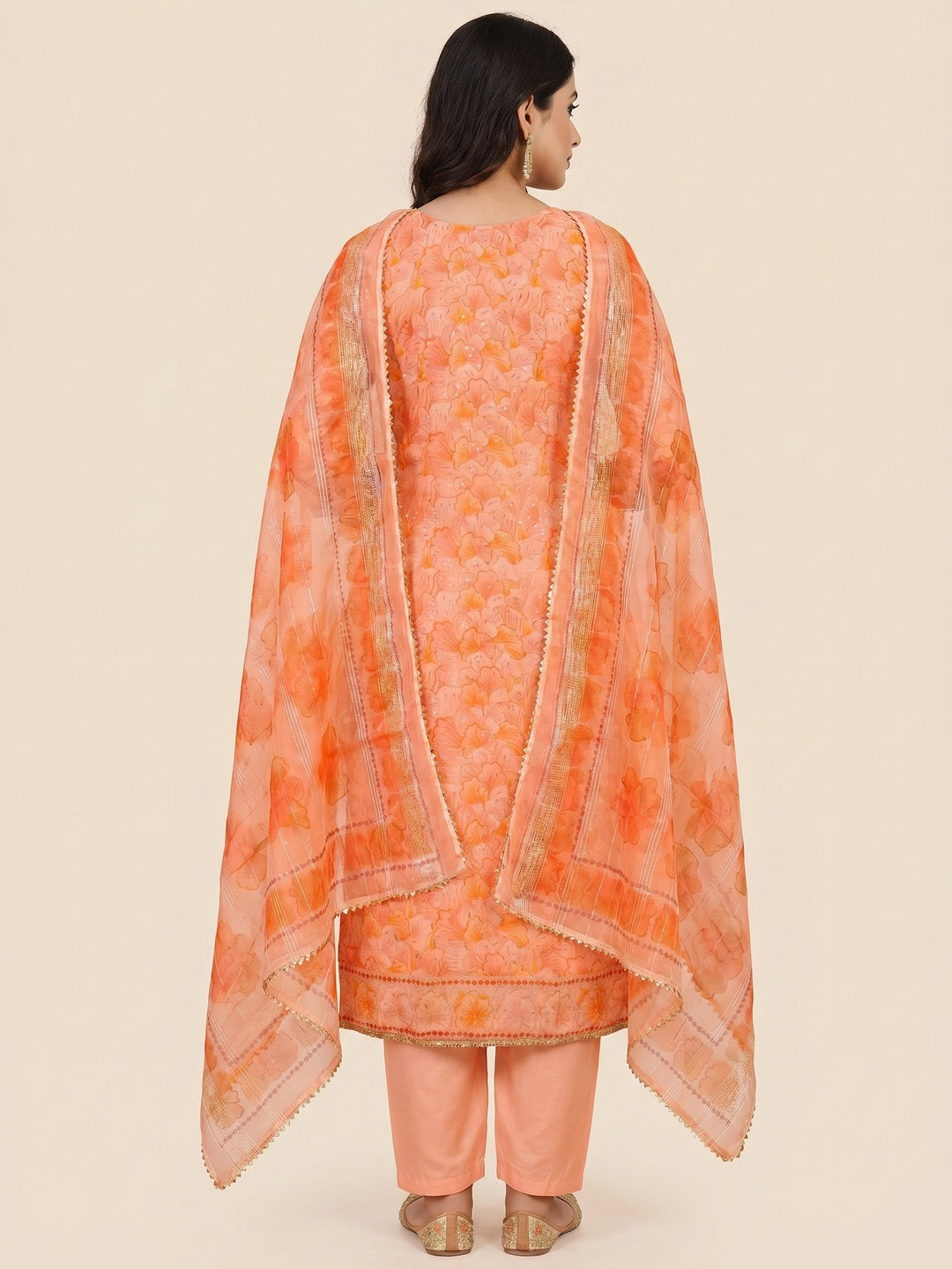 Orange Floral Print With Sequins Embroidered Organza Dress Material - Image 3