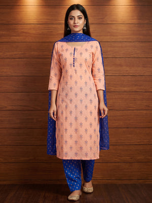 Peach Floral Printed Cotton Blend Dress Material - Image 1