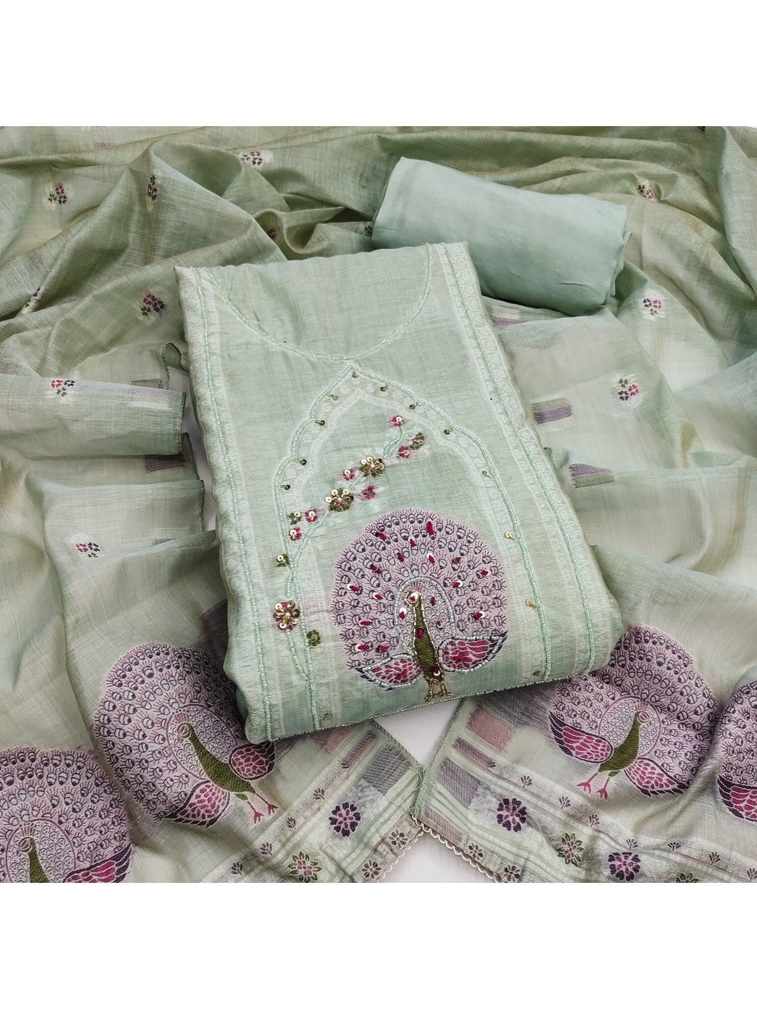 Peachmode Sea Green Pure Banarasi Cotton Dress Material with Embroidered Dupatta - Image 1