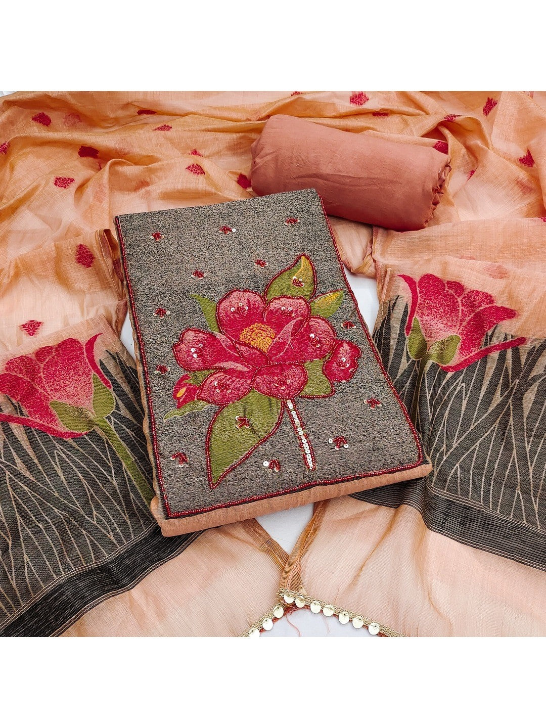 Peachmode Peach Pure Banarasi Cotton Dress Material with Embroidered Dupatta - Image 1