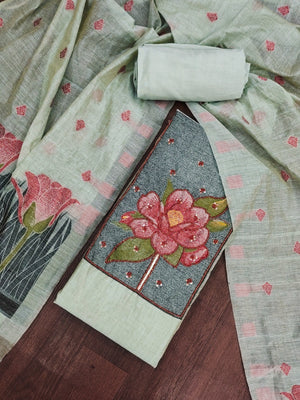 Peachmode Sea Green Pure Banarasi Cotton Dress Material with Embroidered Dupatta - Image 2