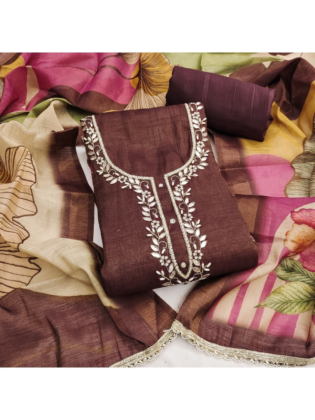Peachmode Brown Pure Cotton Lilian Dress Material with Embroidered Dupatta - Image 1