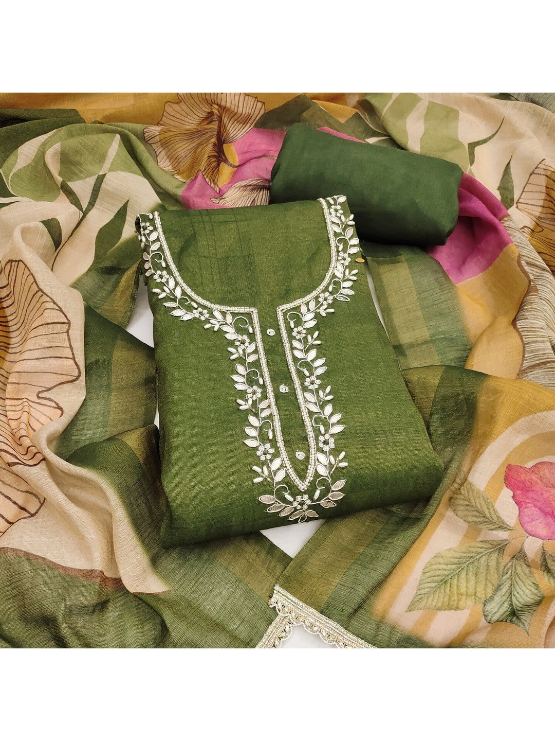 Peachmode Green Pure Cotton Lilian Dress Material with Embroidered Dupatta - Image 1