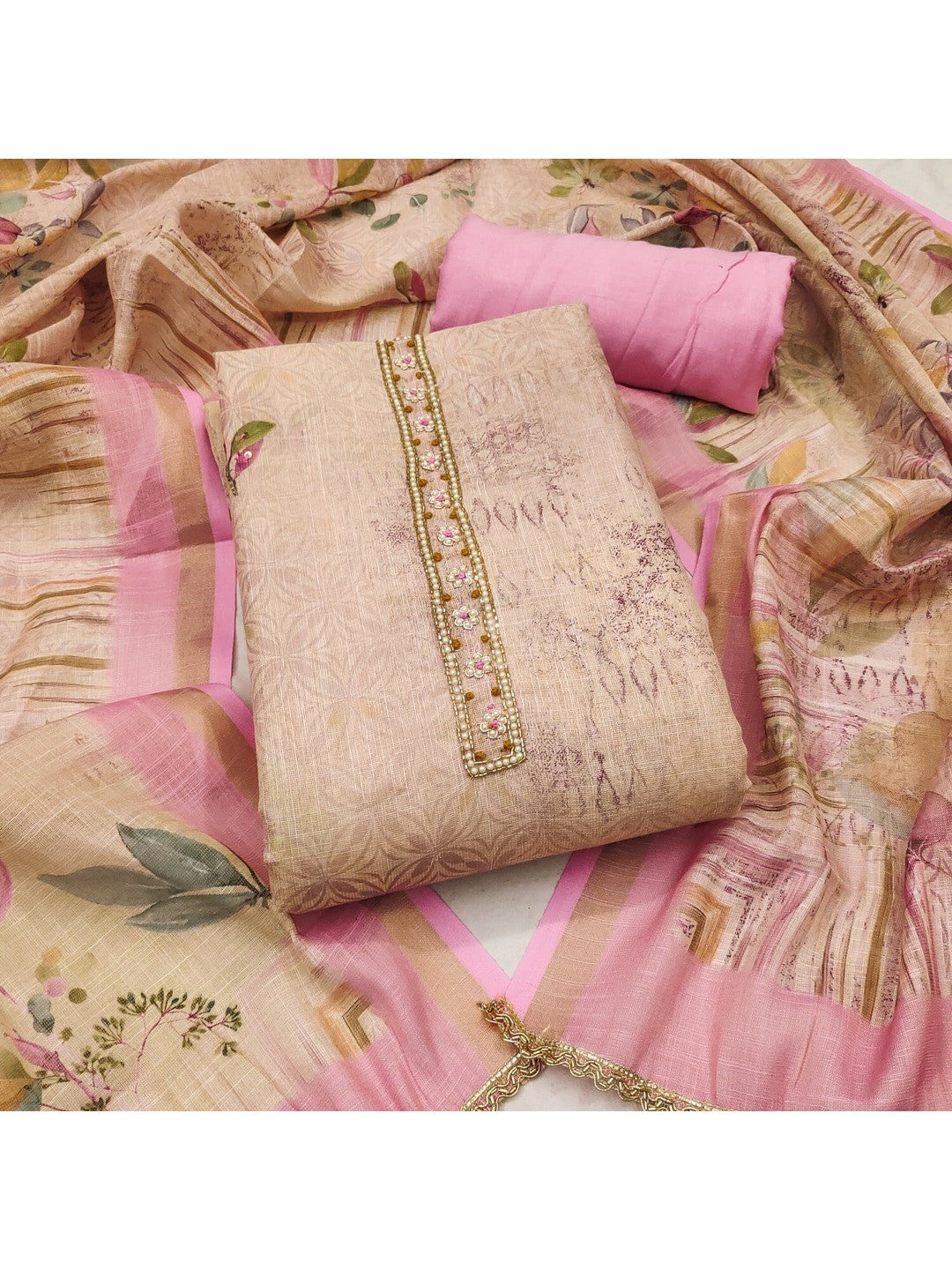 Peachmode Pink Pure Cotton Lilian Dress Material with Embroidered Dupatta - Image 1
