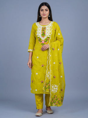 Green Floral Embroidered Chanderi Dress Material - Image 1