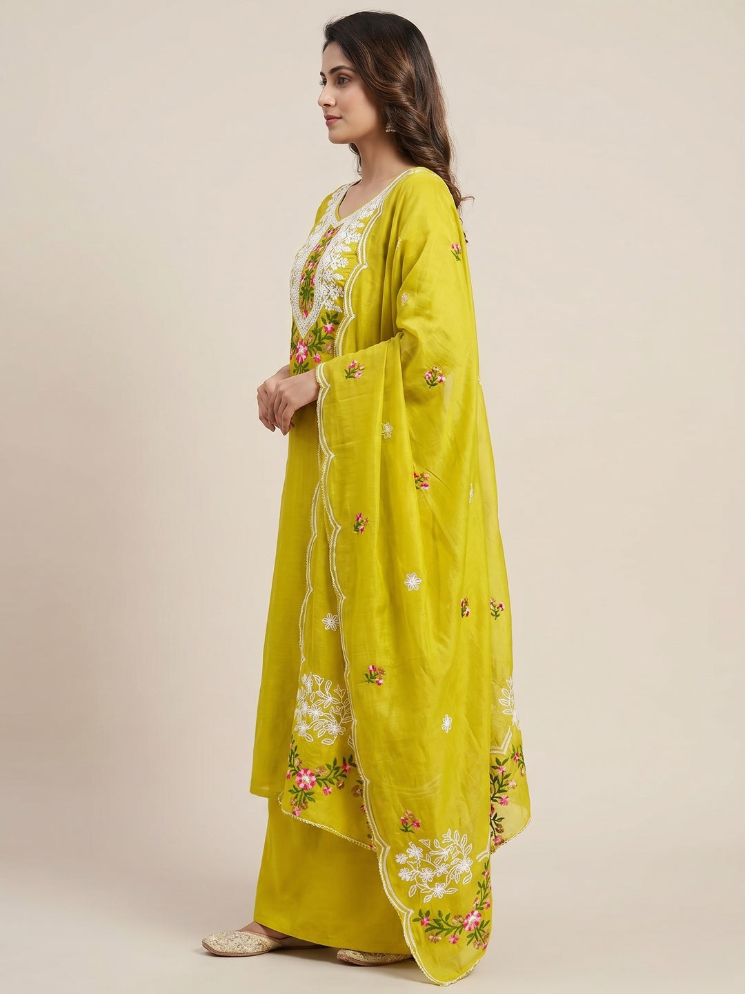 Green Floral Embroidered Chanderi Dress Material - Image 2