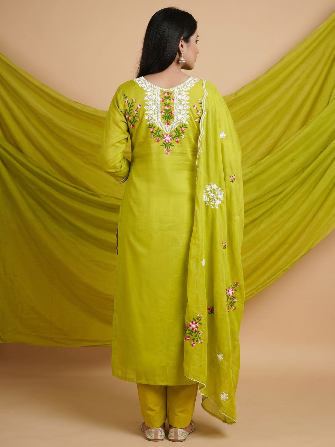Green Floral Embroidered Chanderi Dress Material - Image 3