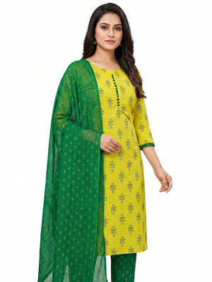 Lemon Green Floral Printed Cotton Blend Dress Material - Image 1