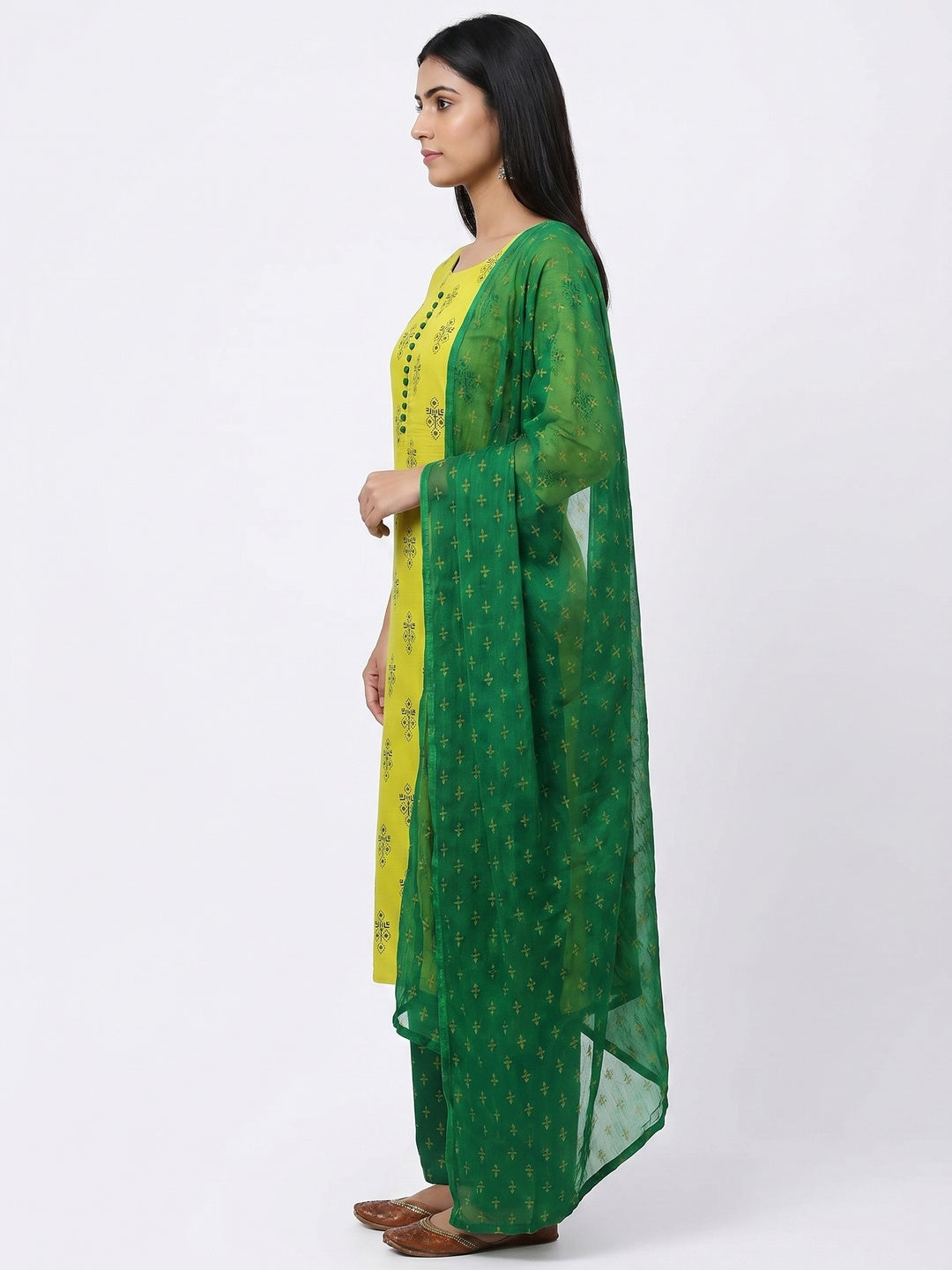 Lemon Green Floral Printed Cotton Blend Dress Material - Image 2