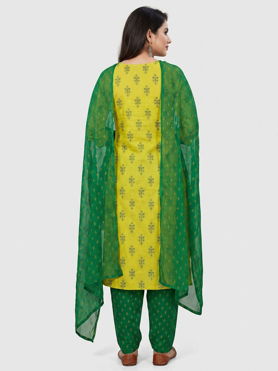 Lemon Green Floral Printed Cotton Blend Dress Material - Image 3