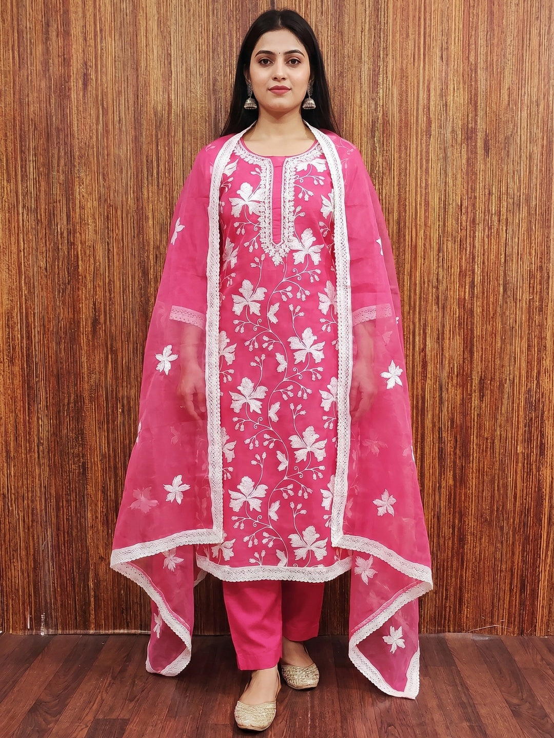 Gajari Pink Floral Embroidered Organza Dress Material - Image 1