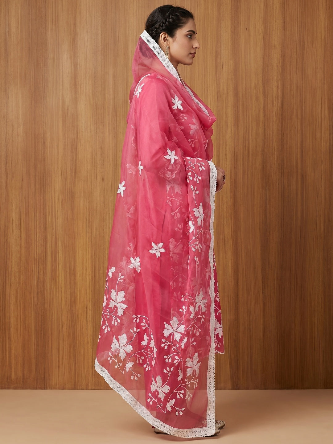 Gajari Pink Floral Embroidered Organza Dress Material - Image 3