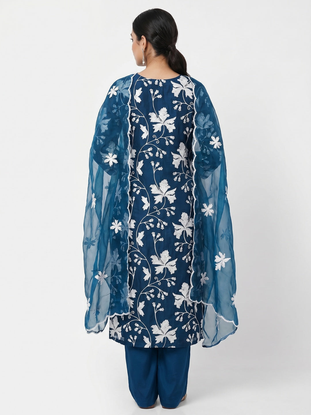 Blue Floral Embroidered Organza Dress Material - Image 3