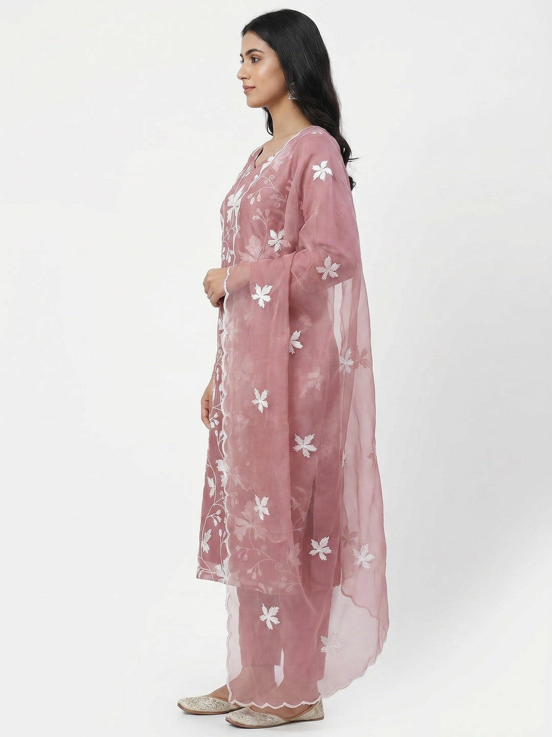 Mauve Floral Embroidered Organza Dress Material - Image 2