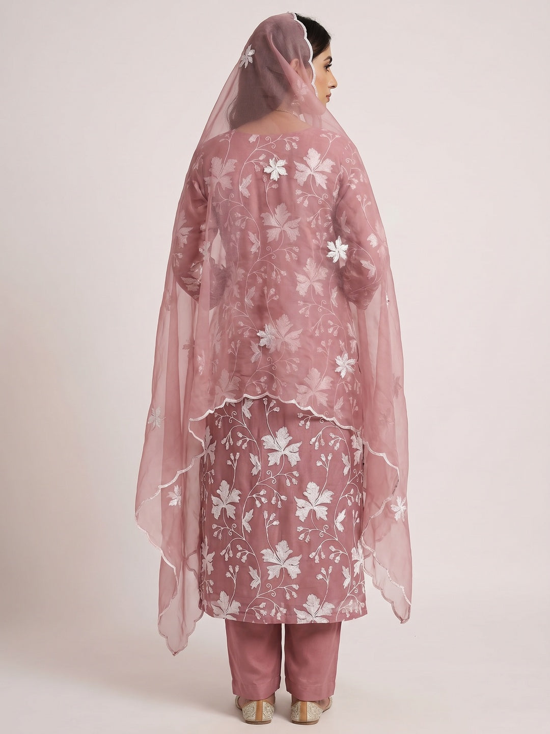 Mauve Floral Embroidered Organza Dress Material - Image 3