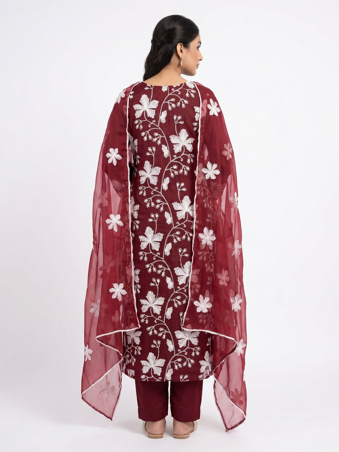 Maroon Floral Embroidered Organza Dress Material - Image 2
