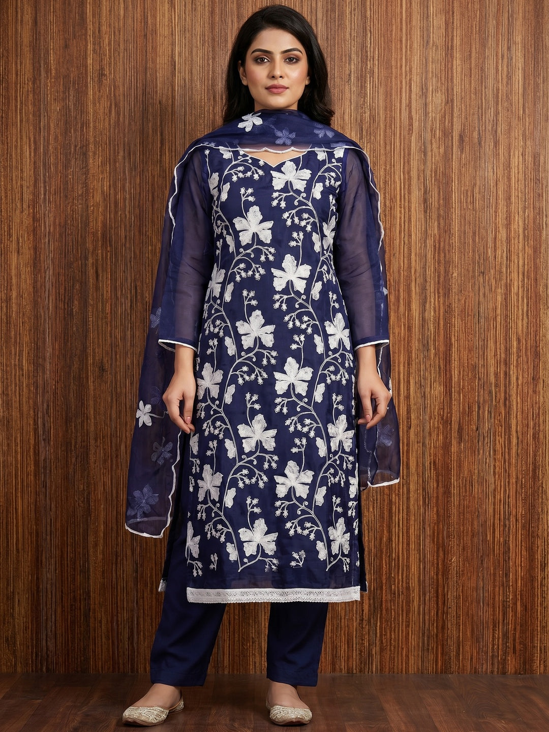 Navy Blue Floral Embroidered Organza Dress Material - Image 1