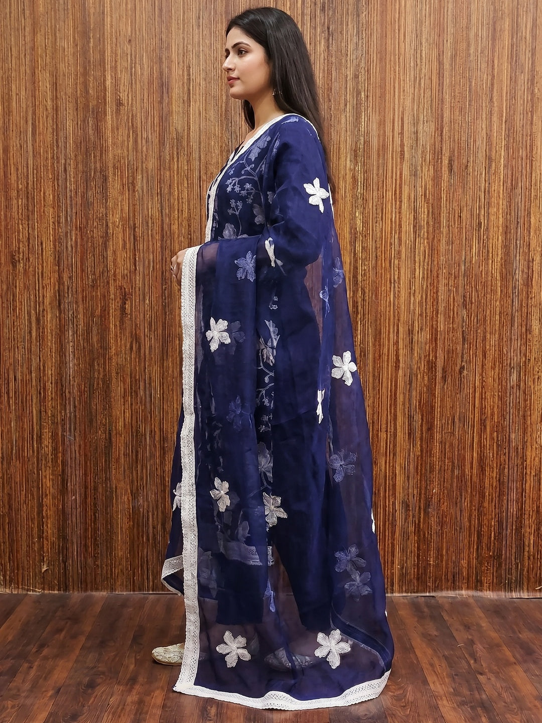 Navy Blue Floral Embroidered Organza Dress Material - Image 2
