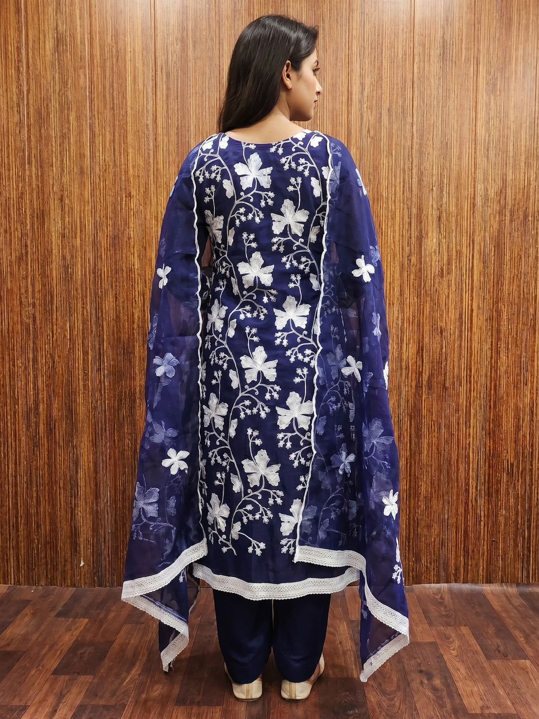 Navy Blue Floral Embroidered Organza Dress Material - Image 3