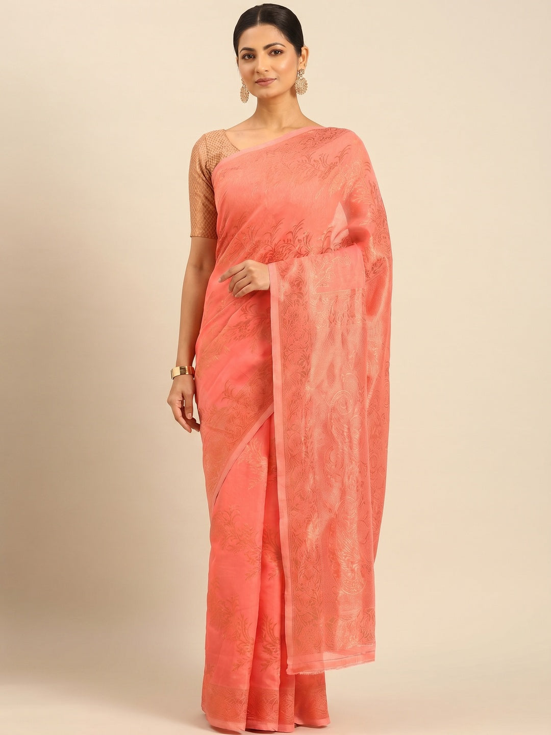 Gajari Pink Floral Woven Cotton Silk Saree - Image 1