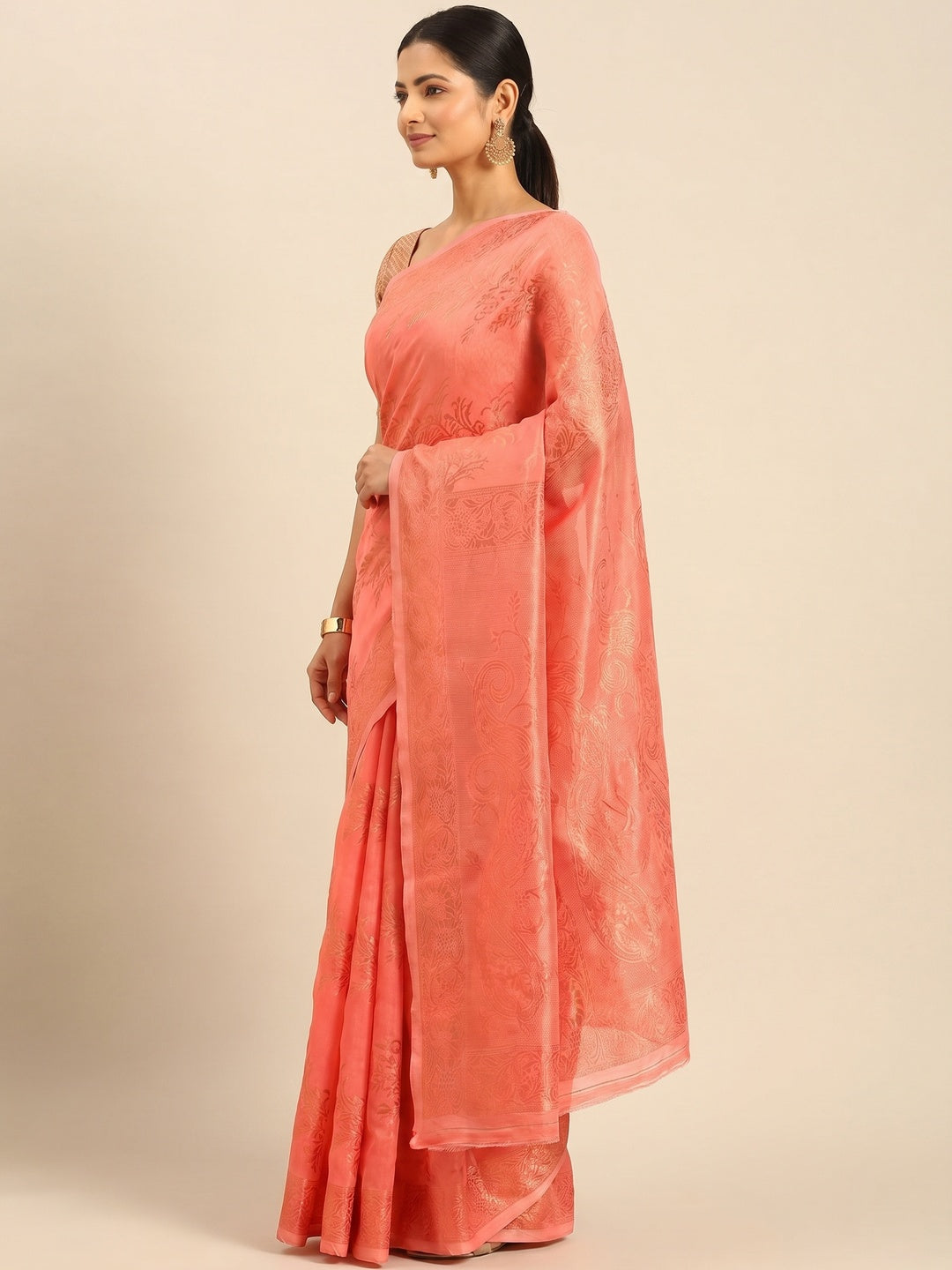 Gajari Pink Floral Woven Cotton Silk Saree - Image 2