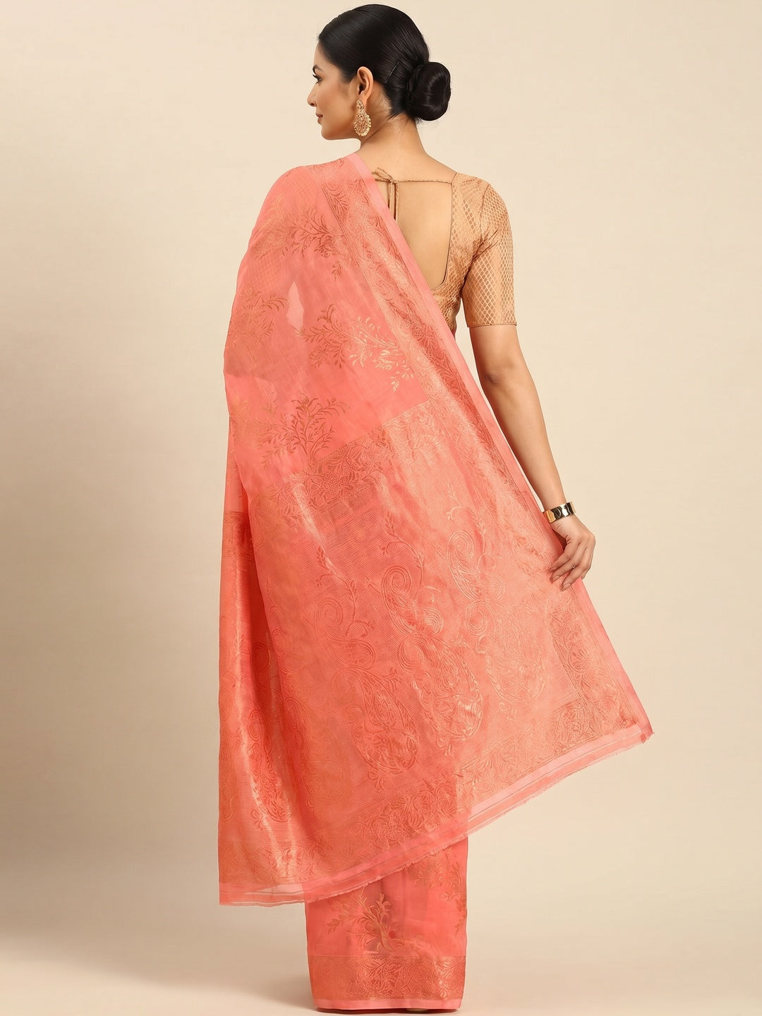 Gajari Pink Floral Woven Cotton Silk Saree - Image 3