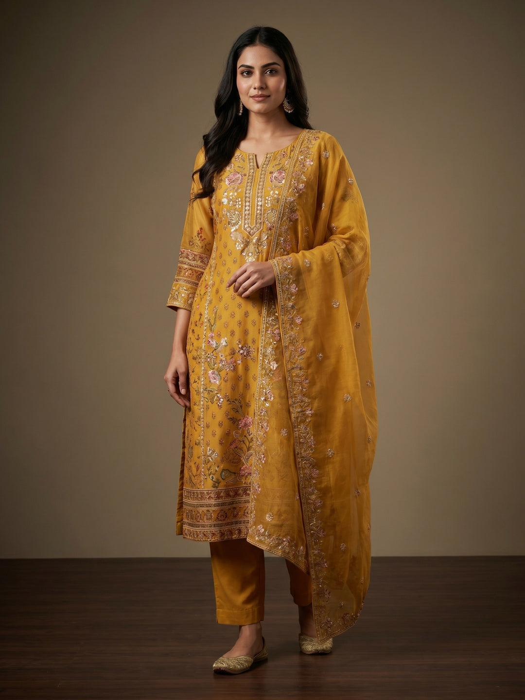 Mustard Floral Sequins Embroidery With Printed Organza Dress Material - Image 1