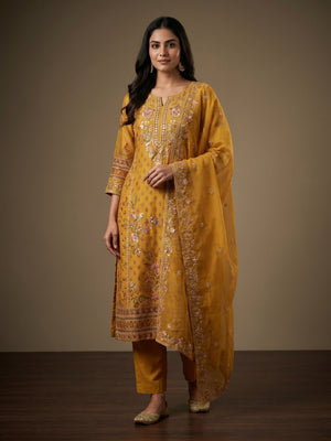 Mustard Floral Sequins Embroidery With Printed Organza Dress Material - Image 1