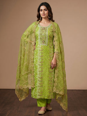 Green Floral Sequins Embroidery With Printed Organza Dress Material - Image 1