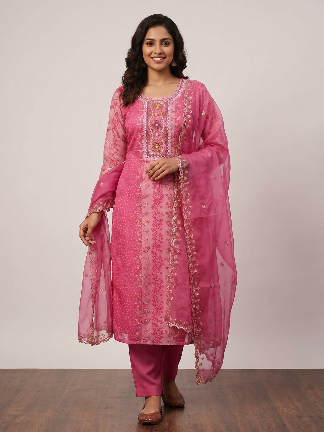Rani Pink Floral Sequins Embroidery With Printed Organza Dress Material - Image 1