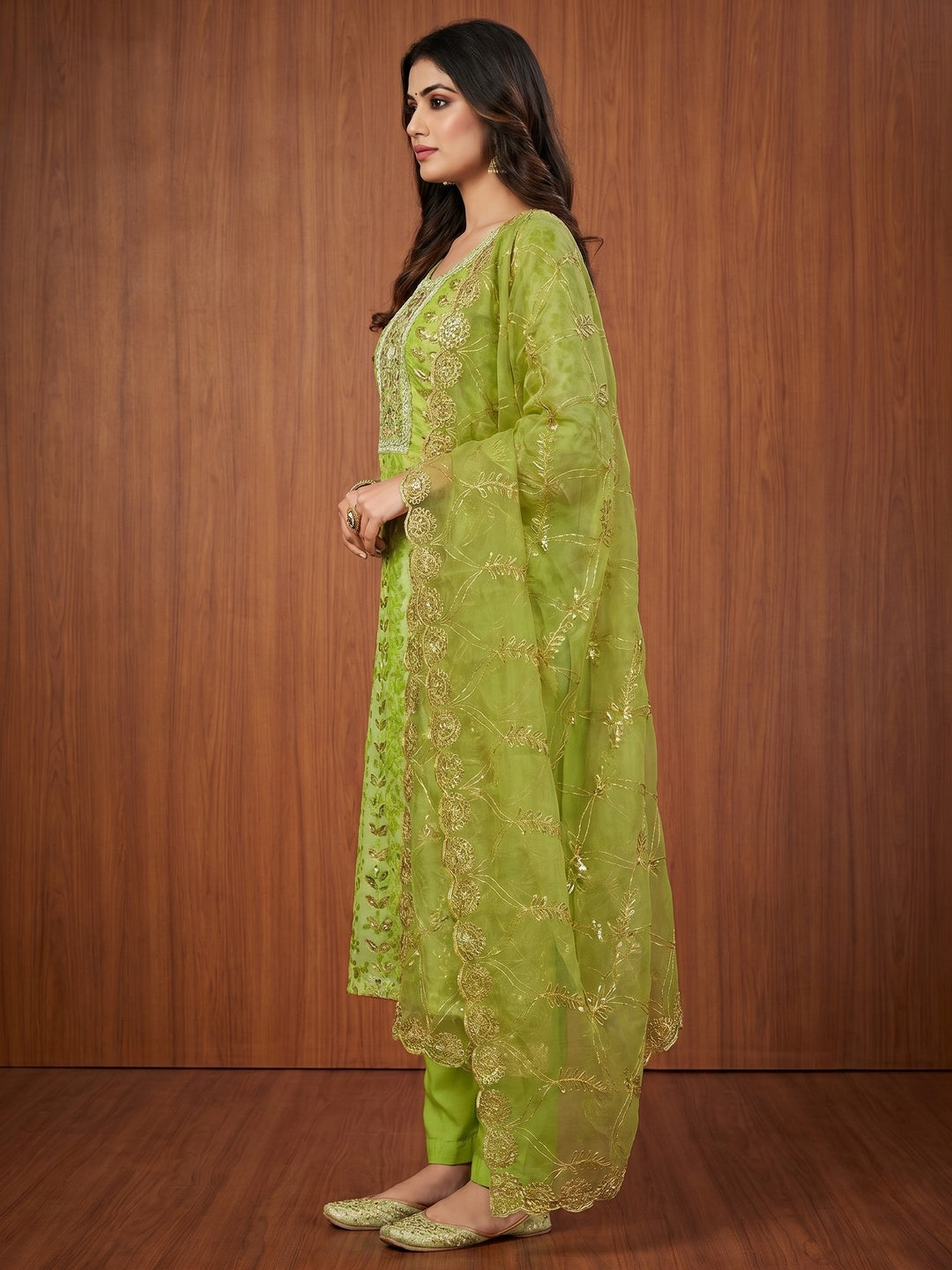 Green Floral Sequins Embroidery With Printed Organza Dress Material - Image 2