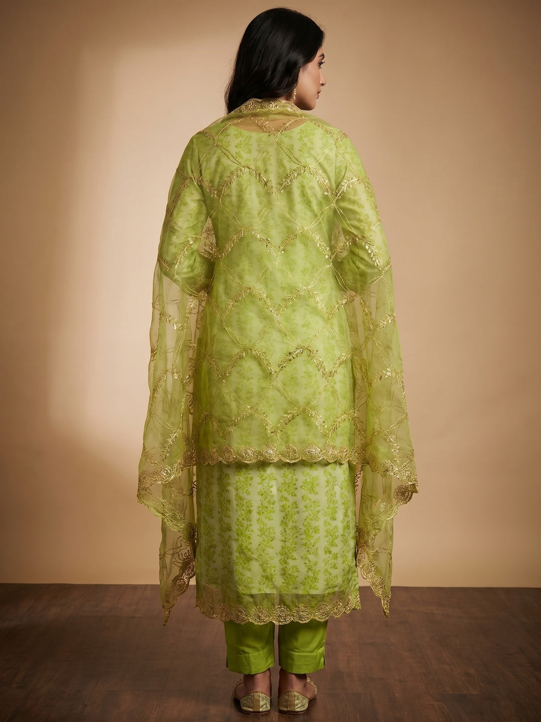 Green Floral Sequins Embroidery With Printed Organza Dress Material - Image 3