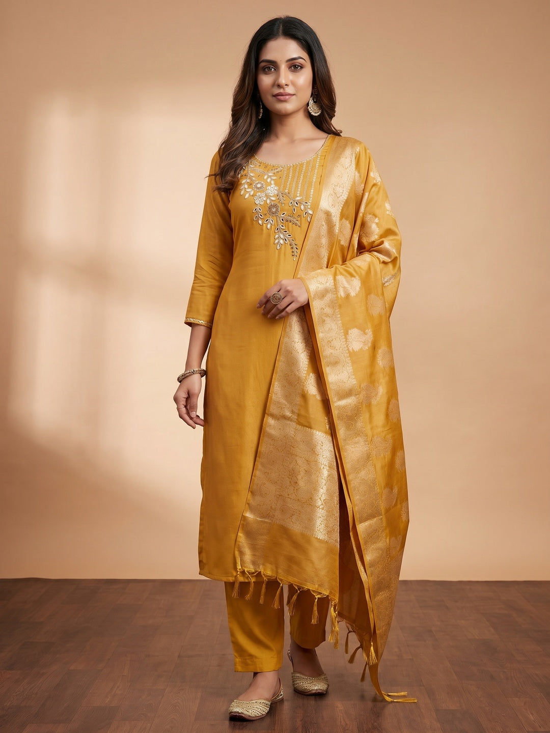 Mustard Floral Moti With Gota Patti Handwork Viscose Dress Material - Image 1