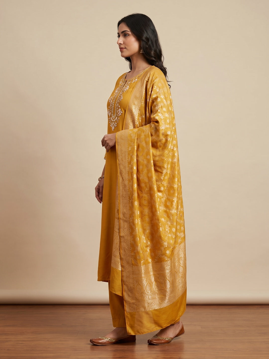 Mustard Floral Moti With Gota Patti Handwork Viscose Dress Material - Image 2