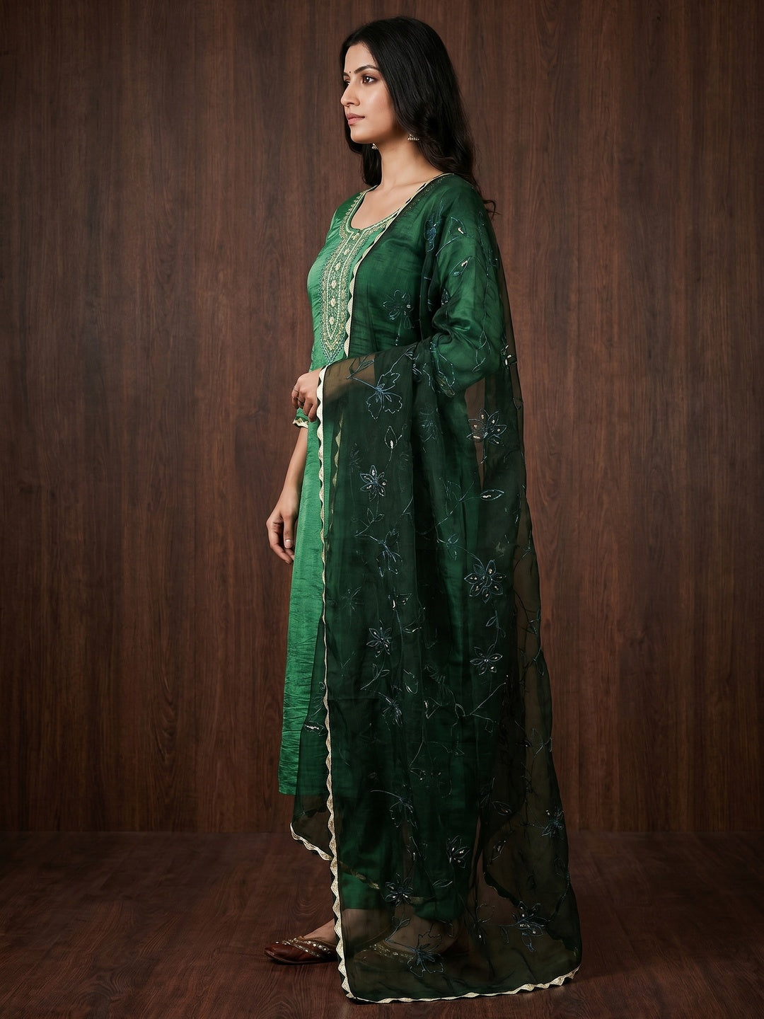 Green Floral Handwork Viscose Dress Material - Image 2