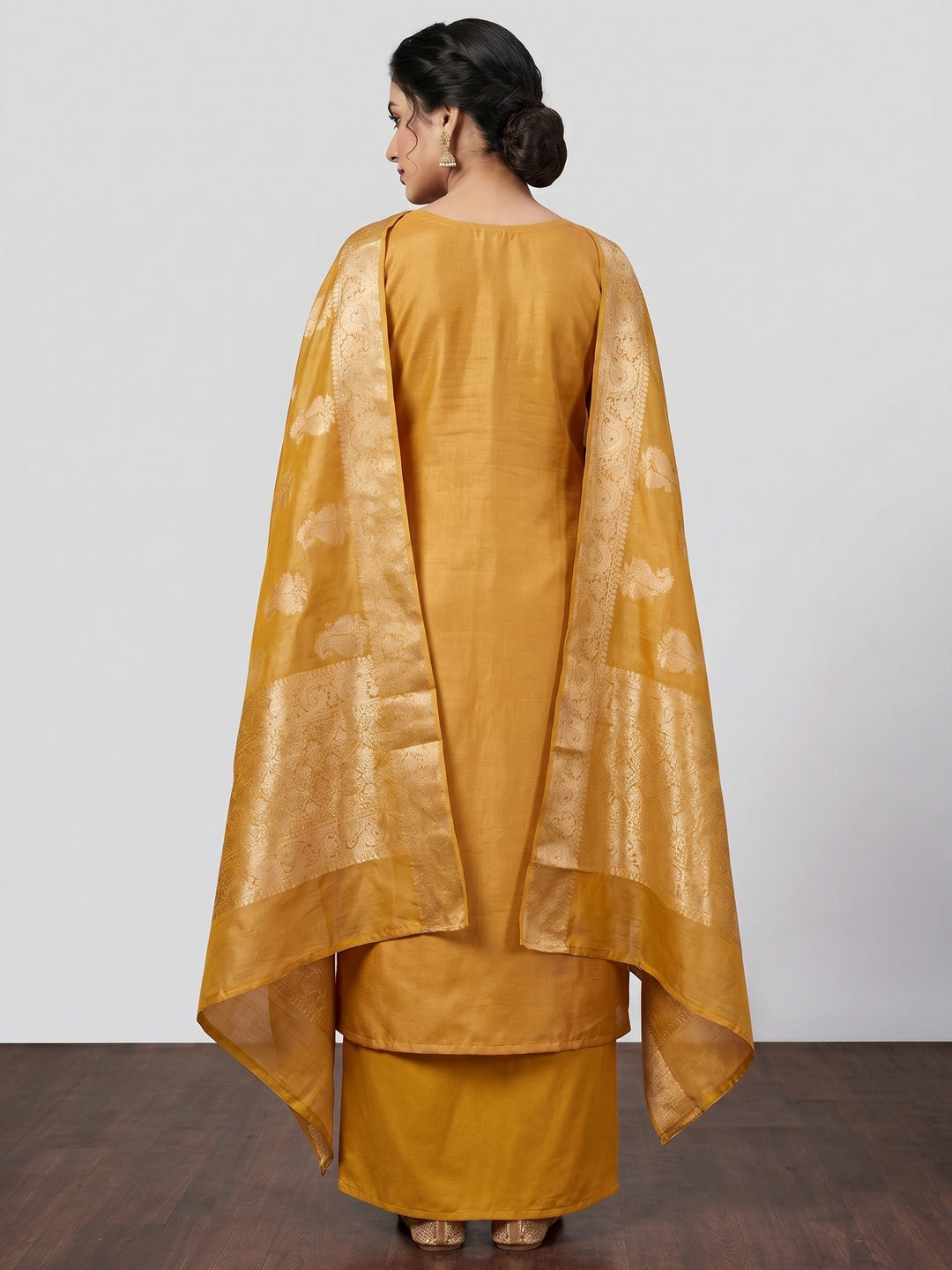 Mustard Floral Moti With Gota Patti Handwork Viscose Dress Material - Image 3