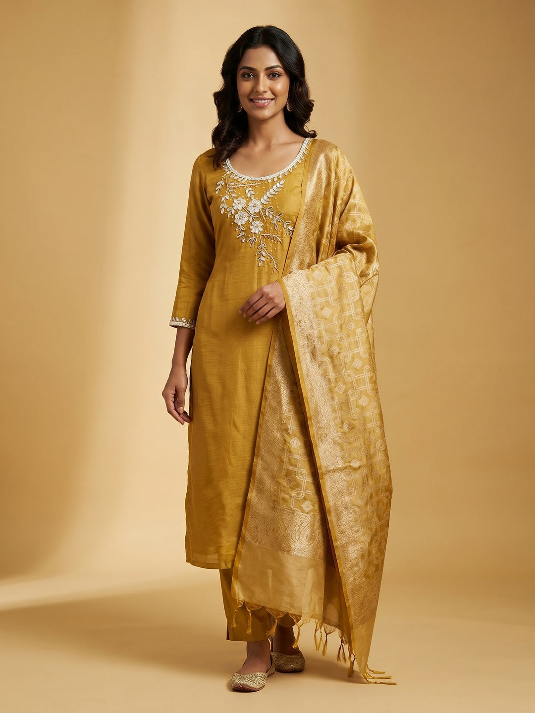 Mustard Floral Moti With Gota Patti Handwork Viscose Dress Material - Image 1