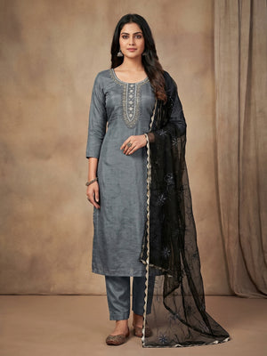 Grey Floral Handwork Viscose Dress Material - Image 1