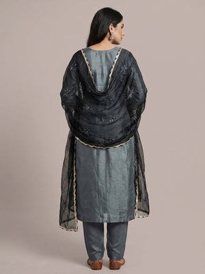 Grey Floral Handwork Viscose Dress Material - Image 2