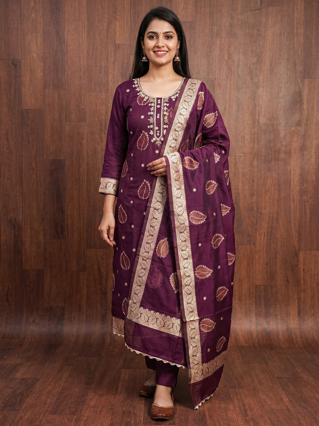 Purple Floral Woven With Handwork Chanderi Banarasi Dress Material - Image 1