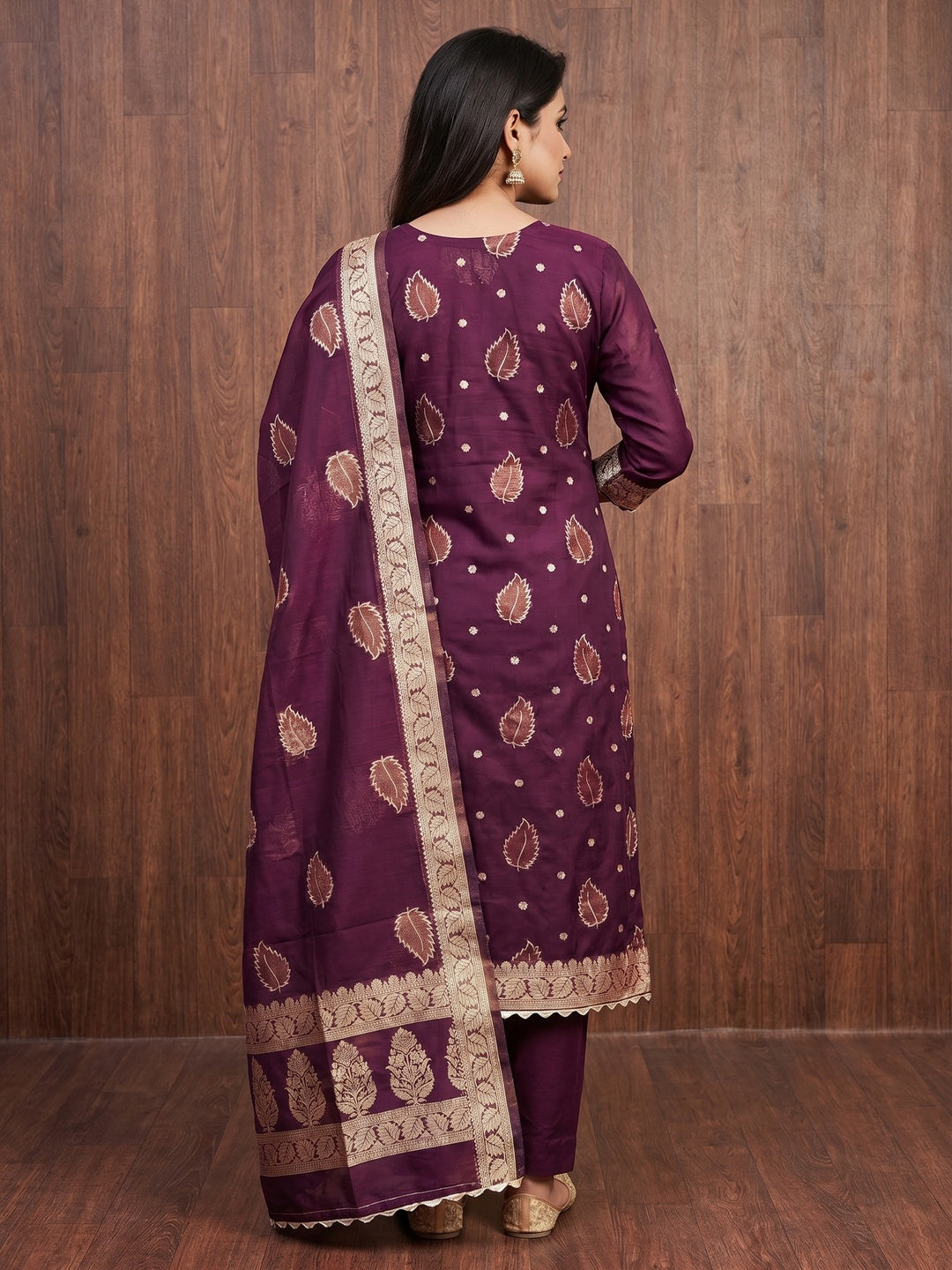 Purple Floral Woven With Handwork Chanderi Banarasi Dress Material - Image 3