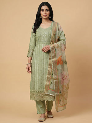 Green Floral Sequins Embroidered Cotton Silk Dress Material - Image 1